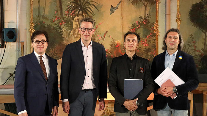 Serge Dorny, Kunstminister Markus Blume, der neue Ballettchef Laurent Hilaire und Generalmusikdirektor Vladimir Jurowski (von links).