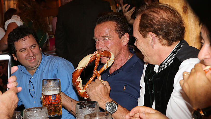 Erst eine kühle Maß, danach Dirigieren auf der Bühne: Die Bilder vom Schwarzenegger-Besuch im Schützen-Festzelt.