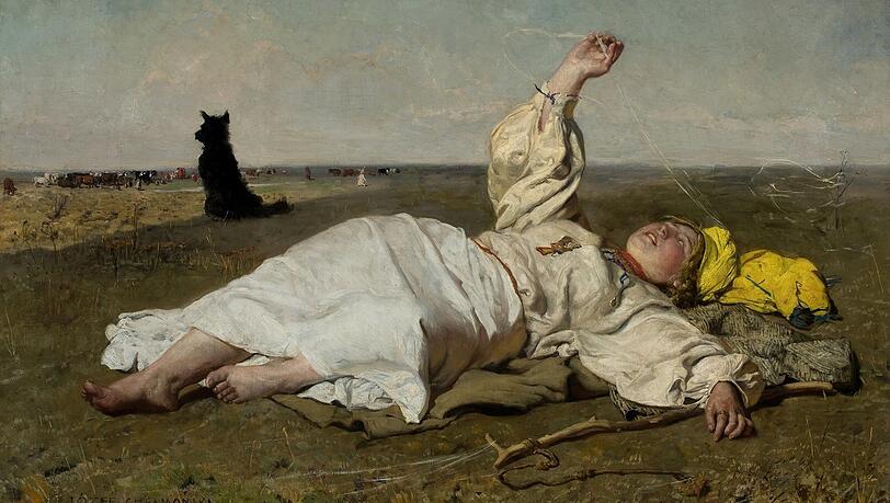 Jozef Chelmonskis "Altweibersommer" von 1875 zeigt eine junge Bäuerin in ukrainischer Tracht. Jozef Chelmonskis "Altweibersommer" von 1875 zeigt eine junge Bäuerin in ukrainischer Tracht.