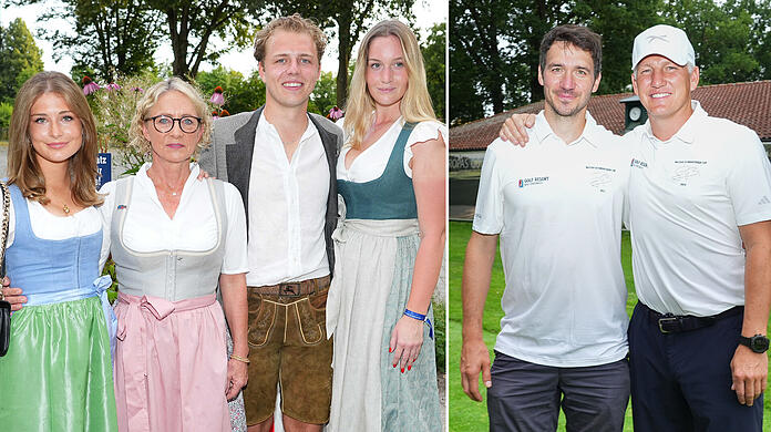Heidi Beckenbauer mit Tochter Francesca (li.), Sohn Joel und dessen Freundin Jessica Martl. Auf dem Golfplatz mit dabei: Felix Neureuther und Bastian Schweinsteiger.