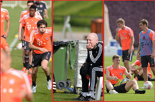 Vormittagstraining an Tag 7: Aufwärmen, Spielzüge, Taktikformen plus Trainingsspiel - nicht dabei die Jungen, die mit Trainer Hermann Gerland üben. Hier die aktuellen Bilder!