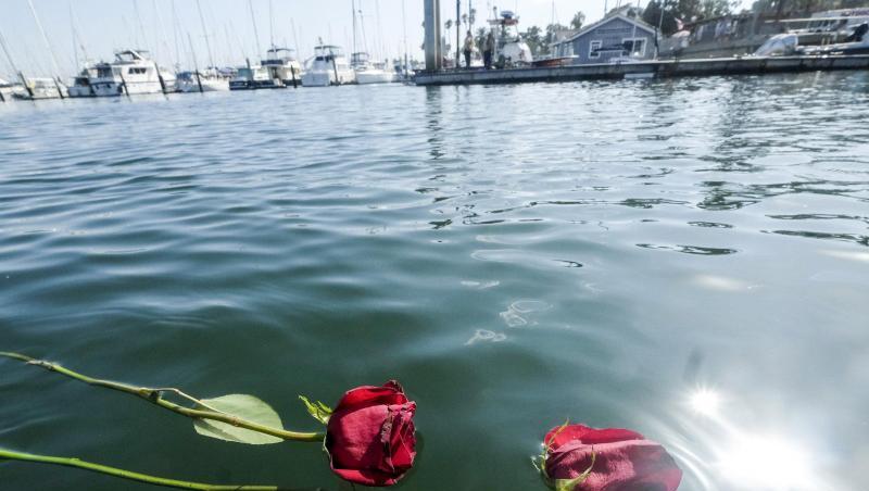 Trauer um die Toten des Bootsungücks: Zwei rote Rosen schwimmen auf dem Wasser im Hafen von Santa Barbara. Trauer um die Toten des Bootsungücks: Zwei rote Rosen schwimmen auf dem Wasser im Hafen von Santa Barbara.