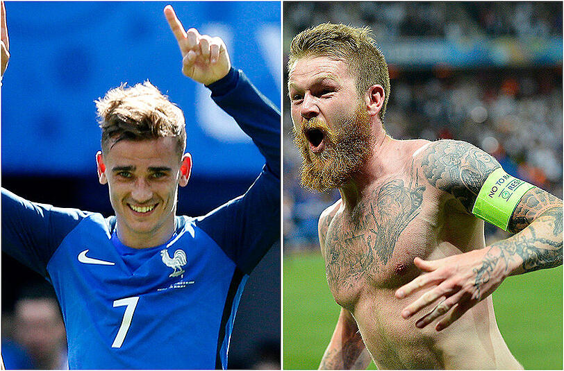 Der Gastgeber trifft auf die Überraschungsmannschaft: Antoine Griezmann (l.) aus Frankreich gegen den Isländer Aron Gunnarsson.