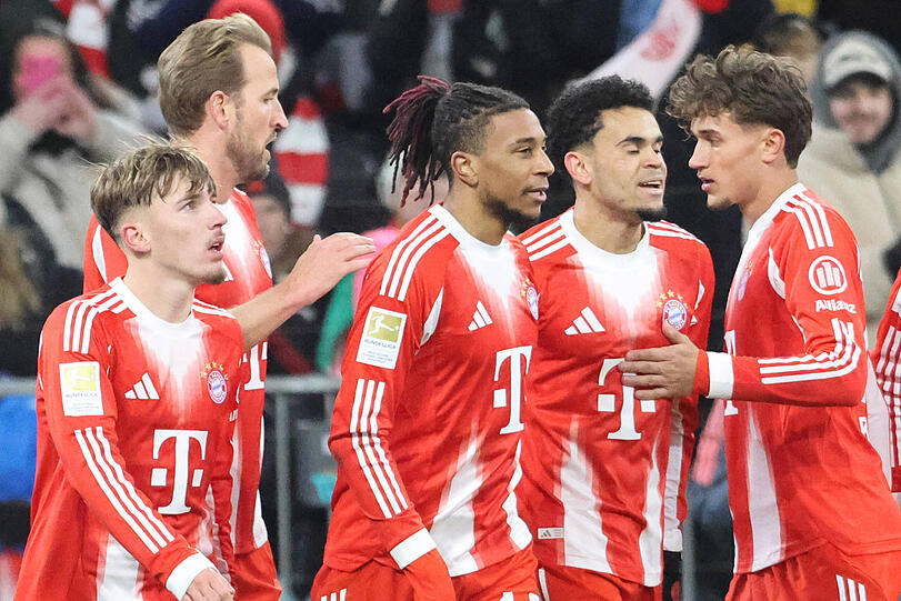 Werden wohl auch gegen K&ouml;ln Bayerns Offensive bilden: Lennart Karl, Harry Kane,  Michael Olise und Luis Diaz (v.l.n.r.)