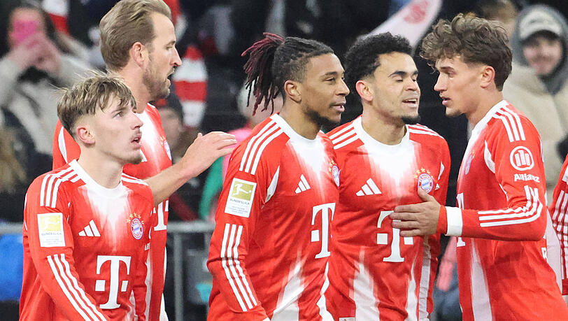 Werden wohl auch gegen K&ouml;ln Bayerns Offensive bilden: Lennart Karl, Harry Kane,  Michael Olise und Luis Diaz (v.l.n.r.)