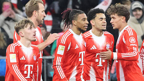 Werden wohl auch gegen K&ouml;ln Bayerns Offensive bilden: Lennart Karl, Harry Kane,  Michael Olise und Luis Diaz (v.l.n.r.)