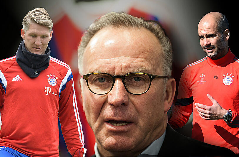 Karl-Heinz Rummenigge will die Vertragsverhandlungen mit Bastian Schweinsteiger (.) und Pep Guardiola (r) ohne Hektik angehen.