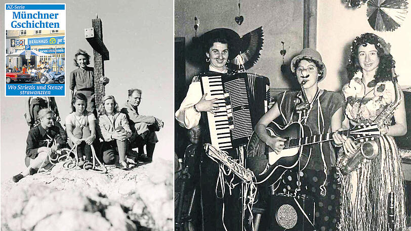 Ein Bild aus dem Fasching 1956, entstanden in Unterpfaffenhofen: Renate Otto (Mitte) als Mitglied eines Trios, das erkennbar in ansteckend guter Stimmung ist. Links Renate Otto als jugendlicher Bergfex.
