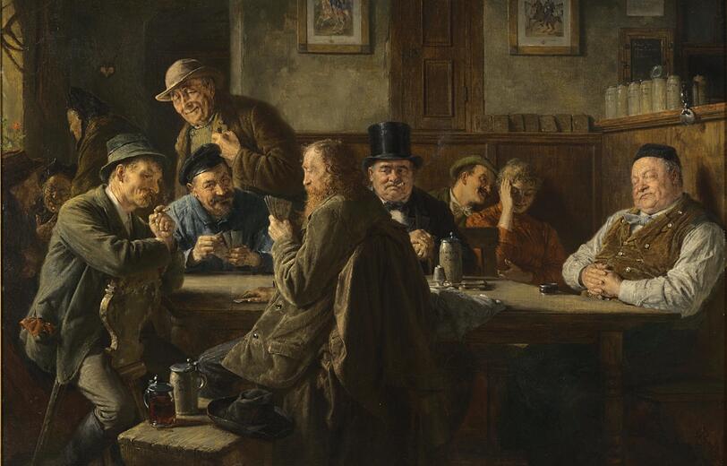 Das Gemälde des bekannten Genremalers Eduard von Grützner fängt klischeehaft die Atmosphäre eines Münchner Wirtshauses um 1900 ein.