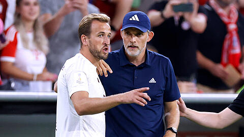 Harry Kane (l.) und Thomas Tuchel vom FC Bayern.