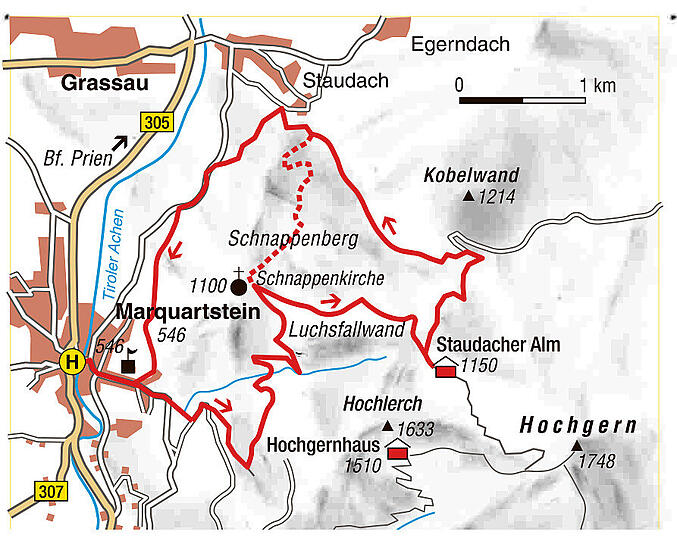 Die Wanderroute über Schnappenkirche und Staudacher Alm