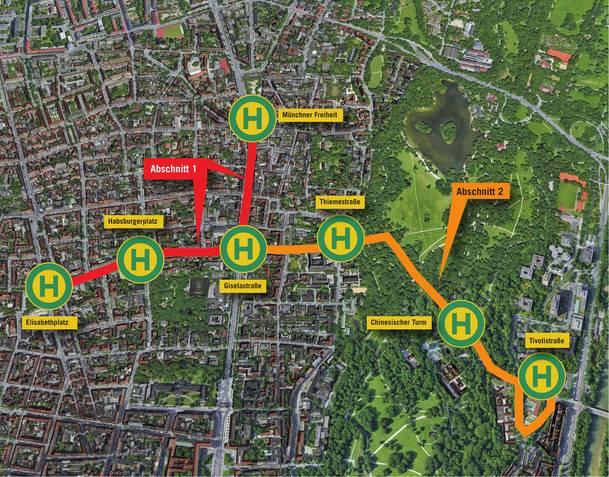 So ist der neue Streckenverlauf geplant. In einem ersten Schritt ist die rot gezeichnete Verbindung geplant, erst danach kommt die Englische-Garten-Tram (orange) So ist der neue Streckenverlauf geplant. In einem ersten Schritt ist die rot gezeichnete Verbindung geplant, erst danach kommt die Englische-Garten-Tram (orange)