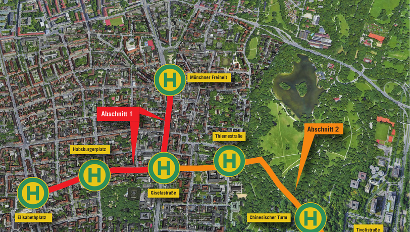So ist der neue Streckenverlauf geplant. In einem ersten Schritt ist die rot gezeichnete Verbindung geplant, erst danach kommt die Englische-Garten-Tram (orange) So ist der neue Streckenverlauf geplant. In einem ersten Schritt ist die rot gezeichnete Verbindung geplant, erst danach kommt die Englische-Garten-Tram (orange)