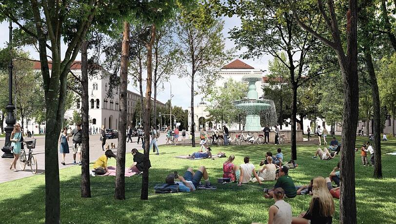 Gr&uuml;ne Inseln am Brunnen vor der Ludwig-Maximilians-Universit&auml;t sollen f&uuml;r Studierende mehr Aufenthaltsqualit&auml;t schaffen.