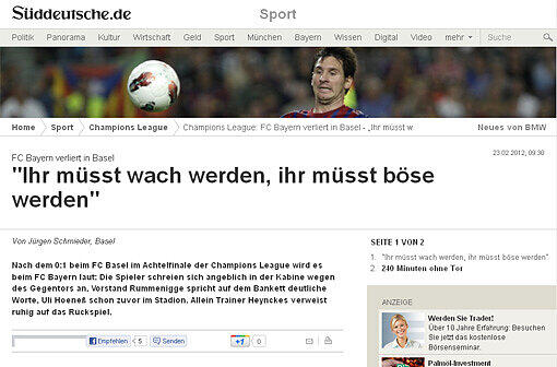 Die "Süddeutsche Zeitung" stellt eine Rechnung auf: "240 Minuten sind die Münchner nun ohne Pflichtspieltor - bei einem einzelnen Stürmer würde man wohl noch nicht beginnen, die Minuten zählen. Aber bei einer ganzen Mannschaft?"