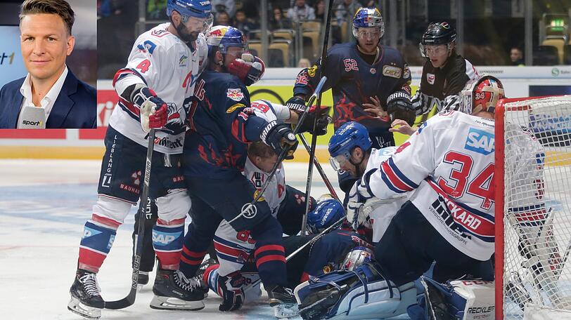 Der EHC Red Bull München hat elf der letzten zwölf Spiele gegen Adler Mannheim gewonnen - auch beim "Halleluja" in der Olympiahalle siegte der EHC mit 4:1. Hier umklammert der Münchner Michael Wolf den Mannheimer Mark Stuart. TV-Kommentator Bastian Schwele (kleines Bild) vergleicht die Kontrahenten.