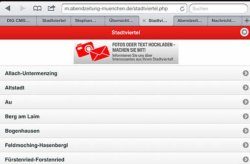 Die mobile Website der Abendzeitung - jetzt auch mit allen Meldungen aus 30 Stadtvierteln.