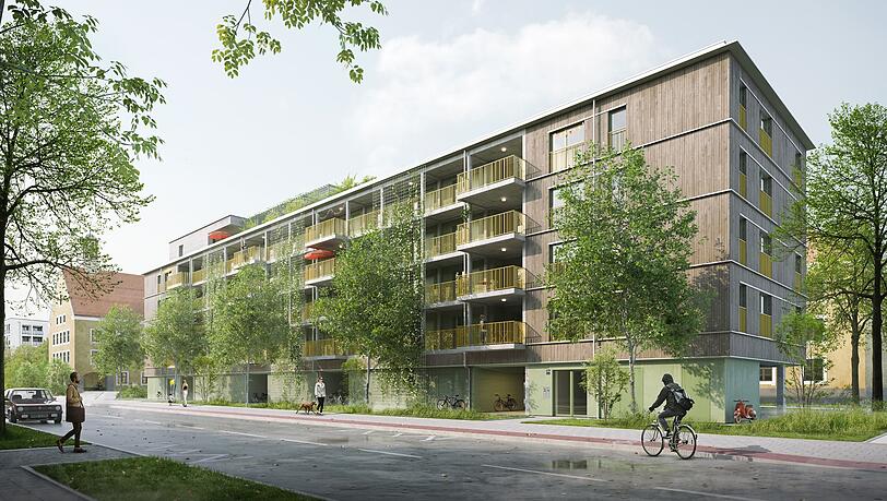 So soll der Bau aussehen: Über dem Parkplatz entstehen 56 Wohnungen.