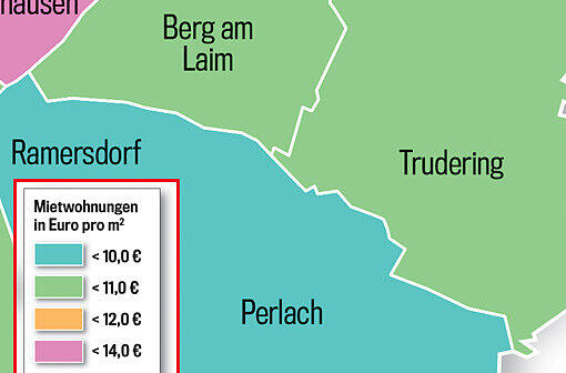 So teuer ist Wohnen in München! Die Münchner Stadtviertel sind in dieser Grafik je nach Quadratmeterpreis eingefärbt. Klicken Sie einfach durch die Quartiere.