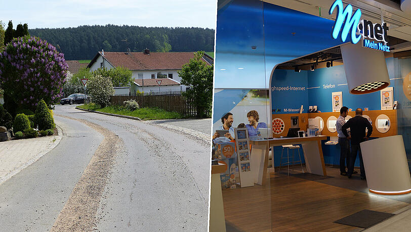 Die Fahrbahn seit Monaten aufgerissen, Glasfasern sind aber nicht verlegt: Szene aus dem Örtchen Obertrauenbach im Sommer 2018. Hier sollte M-Net eigentlich bauen. Rechts: Eine Filiale von M-Net in München. Die Fahrbahn seit Monaten aufgerissen, Glasfasern sind aber nicht verlegt: Szene aus dem Örtchen Obertrauenbach im Sommer 2018. Hier sollte M-Net eigentlich bauen. Rechts: Eine Filiale von M-Net in München.