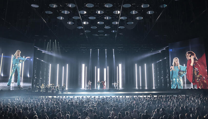 Die virtuelle "Abba Voyage" Show. Bei der Show stehen animierte, digital verjüngte Versionen der Bandmitglieder von Abba auf der Bühne. "Abba Voyage" feierte am 26. Mai 2022 in London Weltpremiere. Die virtuelle "Abba Voyage" Show. Bei der Show stehen animierte, digital verjüngte Versionen der Bandmitglieder von Abba auf der Bühne. "Abba Voyage" feierte am 26. Mai 2022 in London Weltpremiere.