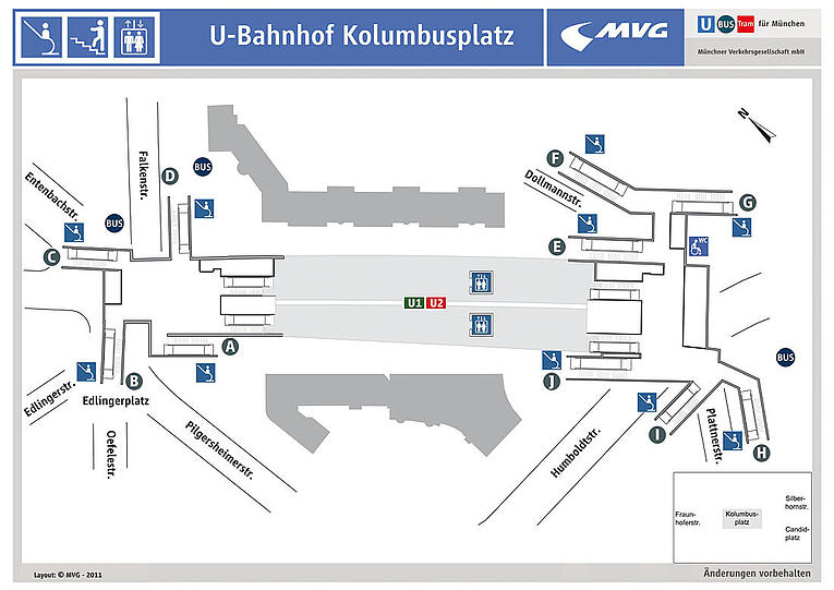 Die genaue Lage der Aufzüge am Bahnhof Kolumbusplatz.