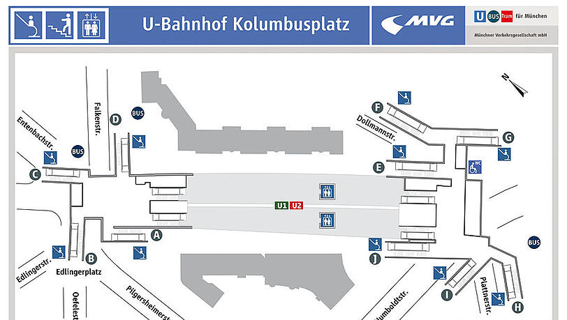 Die genaue Lage der Aufzüge am Bahnhof Kolumbusplatz. Die genaue Lage der Aufzüge am Bahnhof Kolumbusplatz.