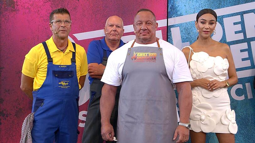 Haben sie eine Chance gegen den Grill-König? Verona Pooth (rechts) führte als Powerfrau drei Kraftmänner ins Rennen: "Die Autodoktoren" Holger Parsch (links) und Hans-Jürgen Faul (rechts daneben) sowie die deutsche Bodybuilding-Ikone Markus Rühl. Haben sie eine Chance gegen den Grill-König? Verona Pooth (rechts) führte als Powerfrau drei Kraftmänner ins Rennen: "Die Autodoktoren" Holger Parsch (links) und Hans-Jürgen Faul (rechts daneben) sowie die deutsche Bodybuilding-Ikone Markus Rühl.