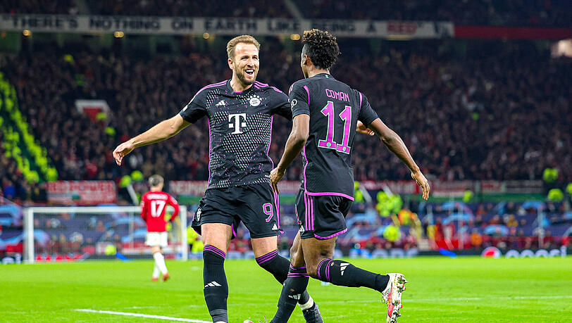 Harry Kane (l.) bereitete den entscheidenden Treffer von Kingsley Coman gegen Manchester United vor.