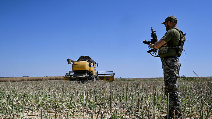 Ein ukrainischer Soldat steht während der Erntezeit auf einem Feld.