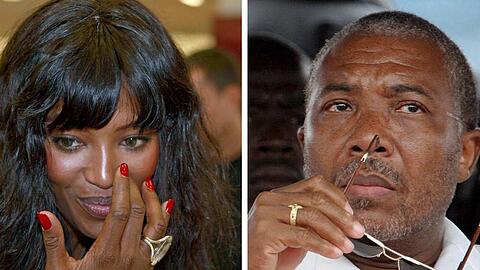 Sie soll von Charles Taylor (rechts) einen der umstrittenen Blutdiamanten angenommen haben und nun steht sie vor Gericht: Naomi Campbell