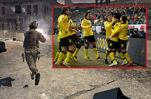 Ein Soldat ballert im Computerspiel "Call of Duty" in der Gegend herum. Bundesliga-Tabellenführer Borussia Dortmund &bdquo;schießt&ldquo; sich ebenfalls warm mit dem umstrittenen Computer-Kriegsspiel auf das Topduell 
bei Bayern München.
