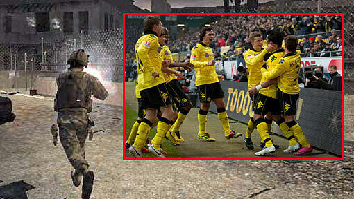 Ein Soldat ballert im Computerspiel "Call of Duty" in der Gegend herum. Bundesliga-Tabellenführer Borussia Dortmund „schießt“ sich ebenfalls warm mit dem umstrittenen Computer-Kriegsspiel auf das Topduell
bei Bayern München. Ein Soldat ballert im Computerspiel "Call of Duty" in der Gegend herum. Bundesliga-Tabellenführer Borussia Dortmund „schießt“ sich ebenfalls warm mit dem umstrittenen Computer-Kriegsspiel auf das Topduell
bei Bayern München.