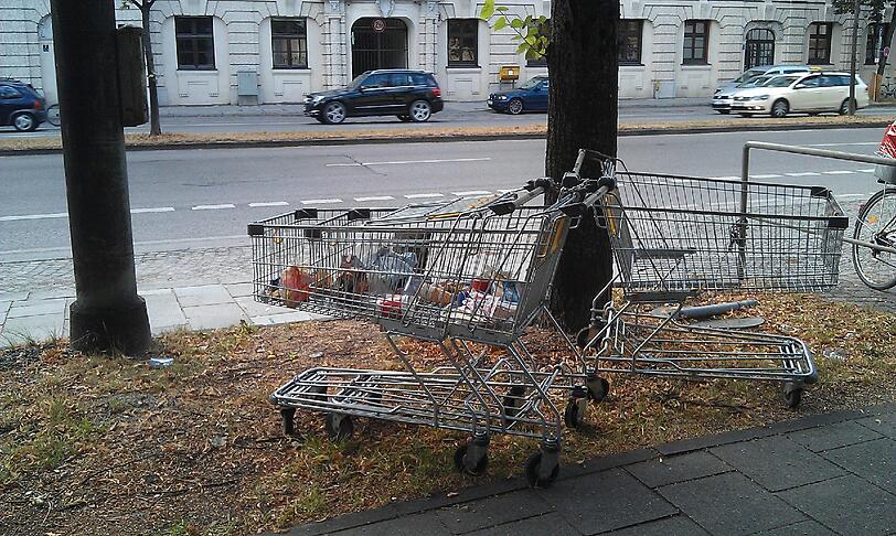 An der Seidlstraße stehen drei Einkaufswägen, vermutlich vom nahen Discounter. Irgendwer hat sie ausgeliehen - und nie mehr zurückgebracht.