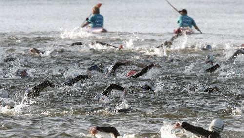 Frühschwimmer: Der Schwarm der Triathleten startet am Sonntag um 6.20 Uhr mit der ersten Etappe über 3,8 Kilometer im Main-Donau-Kanal. Frühschwimmer: Der Schwarm der Triathleten startet am Sonntag um 6.20 Uhr mit der ersten Etappe über 3,8 Kilometer im Main-Donau-Kanal.