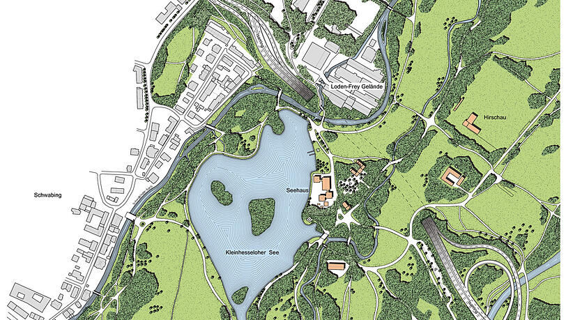 Der Entwurf von oben, in der Nähe des Kleinhesseloher Sees könnten die Autos unterirdisch den Park durchqueren. Der Entwurf von oben, in der Nähe des Kleinhesseloher Sees könnten die Autos unterirdisch den Park durchqueren.