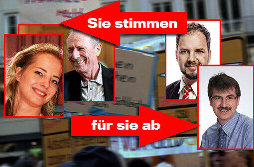 Links: Kerstin Bergbauer und Bürgermeister Hep Monatzeder leihen ihre Stimme den Nachbarn aus dem Münchner Umland. Rechts: Freisings OB Tobias Eschenbacher (links) und der Karlsfelder Adrian Heim dürfen selbst nicht abstimmen. Das erledigen andere für sie.