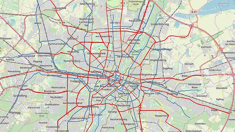 Auf den "roten Routen" will die Handwerkskammer unbedingt vierspurige Straßen für Autofahrer und Lieferanten behalten, Radler sollen auf Nebenstrecken der "blauen Routen" fahren. Auf den "roten Routen" will die Handwerkskammer unbedingt vierspurige Straßen für Autofahrer und Lieferanten behalten, Radler sollen auf Nebenstrecken der "blauen Routen" fahren.