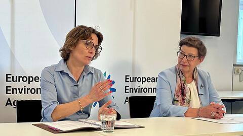 EU-Umweltkommissarin Jessika Roswall (links), hier an der Seite von EEA-Exekutivdirektorin Leena Ylä-Mononen. (Archivbild)