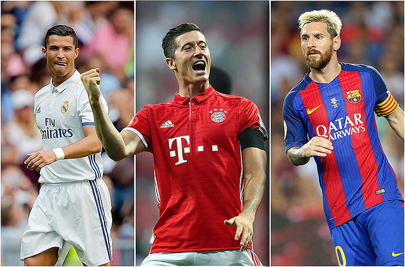 Top-Anwärter auf den besten Torschützen in der Champions League: Cristiano Ronaldo (l., Real Madrid), Robert Lewandowski (m., Bayern München) und Lionel Messei (FC Barcelona).