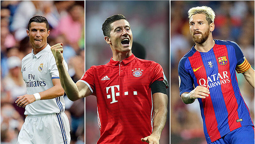 Top-Anwärter auf den besten Torschützen in der Champions League: Cristiano Ronaldo (l., Real Madrid), Robert Lewandowski (m., Bayern München) und Lionel Messei (FC Barcelona). Top-Anwärter auf den besten Torschützen in der Champions League: Cristiano Ronaldo (l., Real Madrid), Robert Lewandowski (m., Bayern München) und Lionel Messei (FC Barcelona).