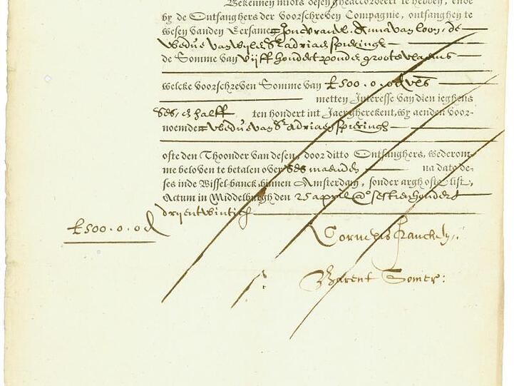 Die Reproduktion zeigt eine Anleihe der Niederländischen Ostindien-Kompanie aus dem Jahr 1623. Foto: Matthias Schmitt