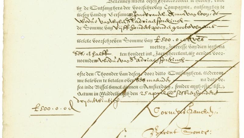 Die Reproduktion zeigt eine Anleihe der Niederländischen Ostindien-Kompanie aus dem Jahr 1623. Foto: Matthias Schmitt Die Reproduktion zeigt eine Anleihe der Niederländischen Ostindien-Kompanie aus dem Jahr 1623. Foto: Matthias Schmitt