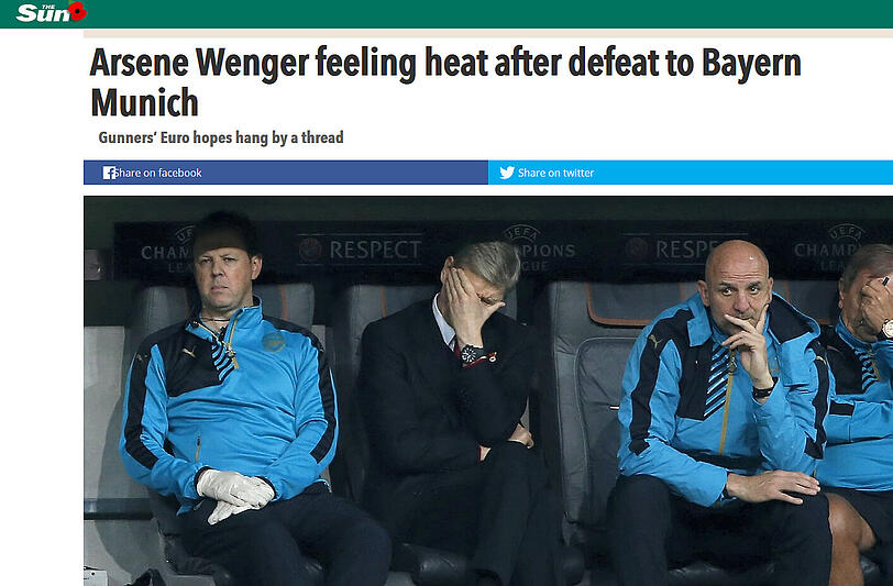 Die britische Sun sieht schwarz für Arsenal: "Arsene Wenger wird heiß nach der Niederlage gegen Bayern. Die Euro-Hoffnungen der Gunners hängen am seidenen Faden."