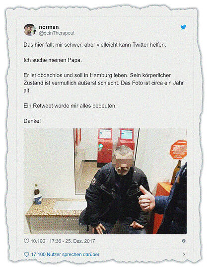 Der Such-Tweet mit dem Foto seines Vaters, das dem 26-Jährigen zugeschickt worden ist.