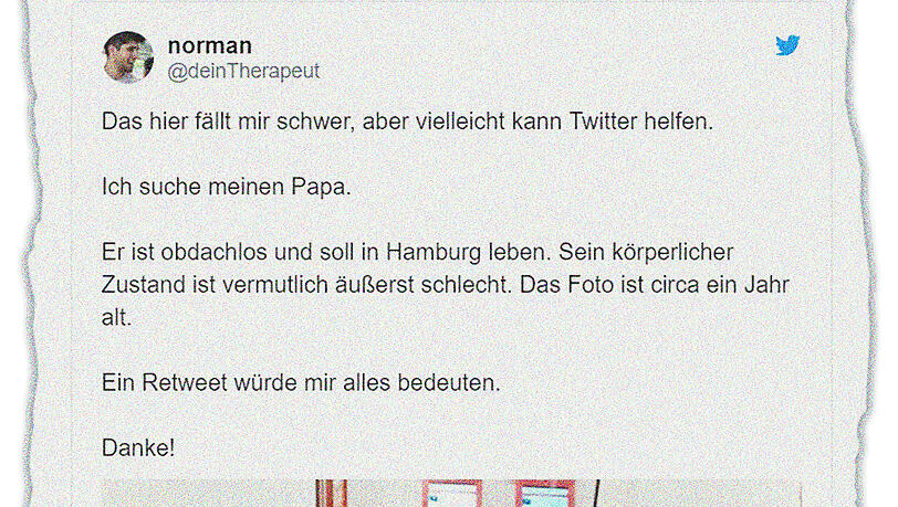 Der Such-Tweet mit dem Foto seines Vaters, das dem 26-Jährigen zugeschickt worden ist.