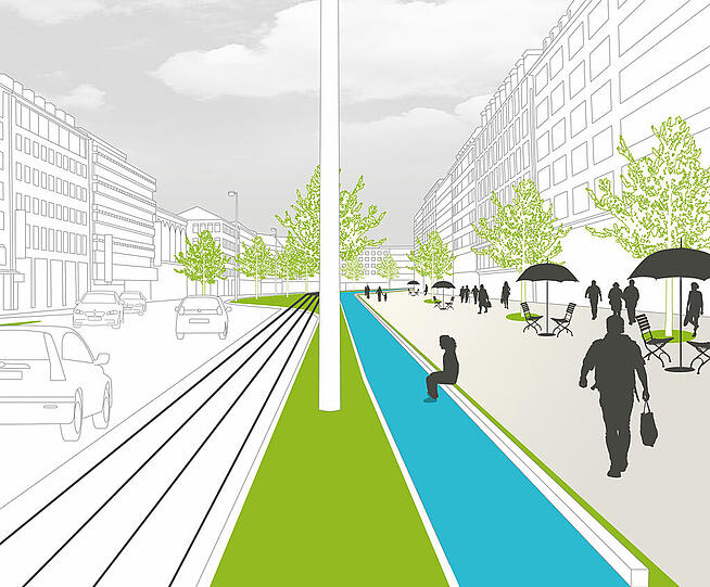VISION SONNENSTRASSE: Nach einer Idee, die Architekt Stephan Braunfels schon 1985 hatte, ließe sich der Westliche Stadtgrabenbach auf die Sonnenstraße umleiten &ndash; auf einen Boulevard Sonnenstraße.