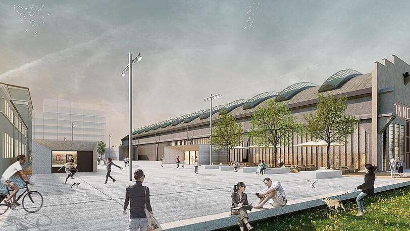 Das Areal rund um die Jutier- (l.) und Tonnenhalle soll umgestaltet werden und zwar so, dass der Industriecharme der Hallen (links die Tonnenhalle) erhalten bleibt.