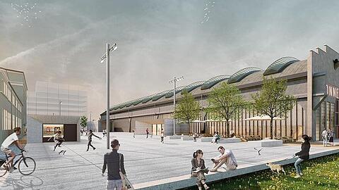 Das Areal rund um die Jutier- (l.) und Tonnenhalle soll umgestaltet werden und zwar so, dass der Industriecharme der Hallen (links die Tonnenhalle) erhalten bleibt.
