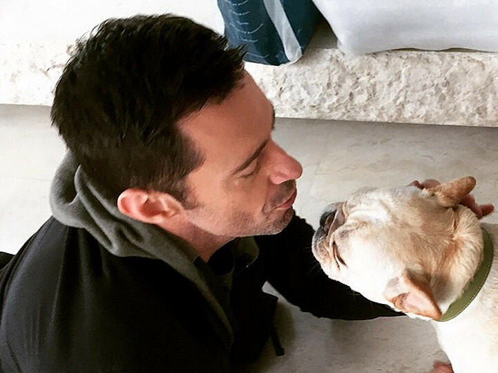 Hugh Jackman gibt Hund Dali ein Küsschen.